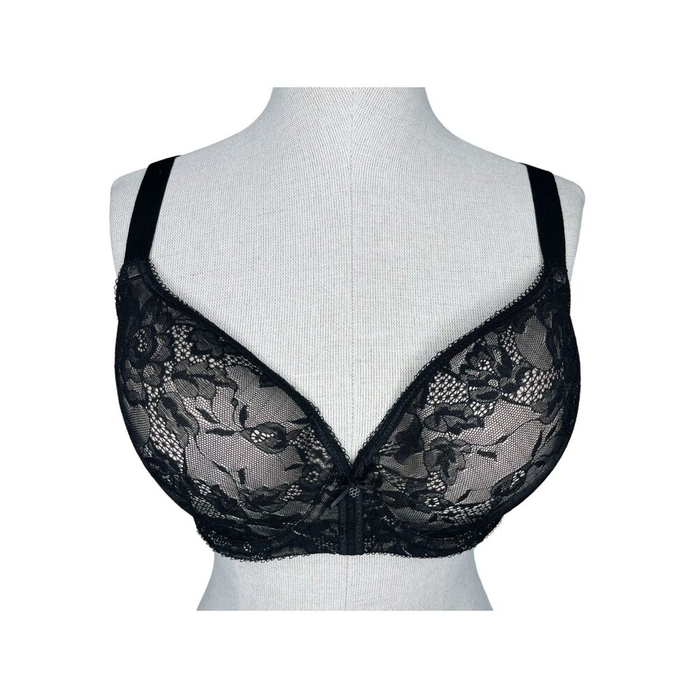 Wacoal Lace Finesse T-Shirt Bra sz 36DD * Black Lace Overlay Cream Base Layer